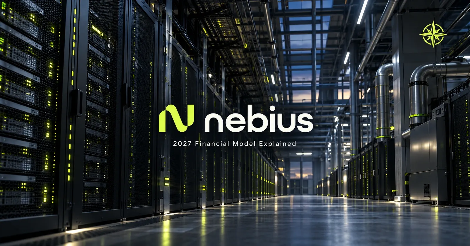 Nebius 2027 financial model cover with AI server racks, lime lighting and the Northwise compass.