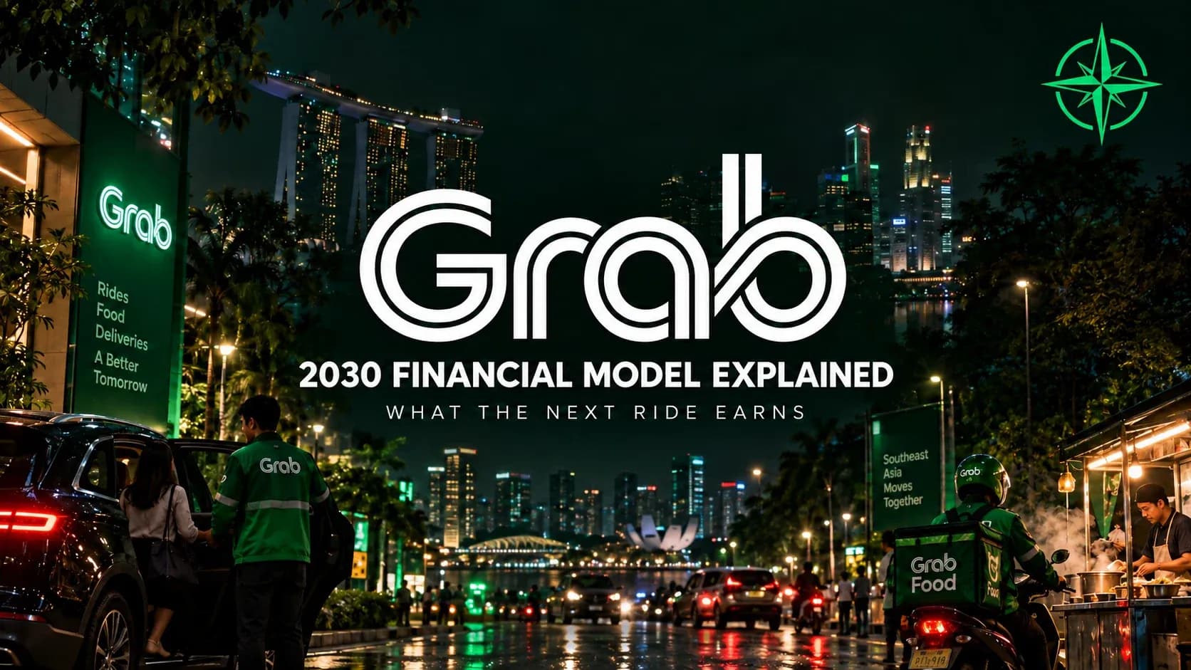 Centered white Grab logo above 2030 Financial Model Explained on a green-lit Singapore-inspired night scene, with a single green Northwise compass at top right.