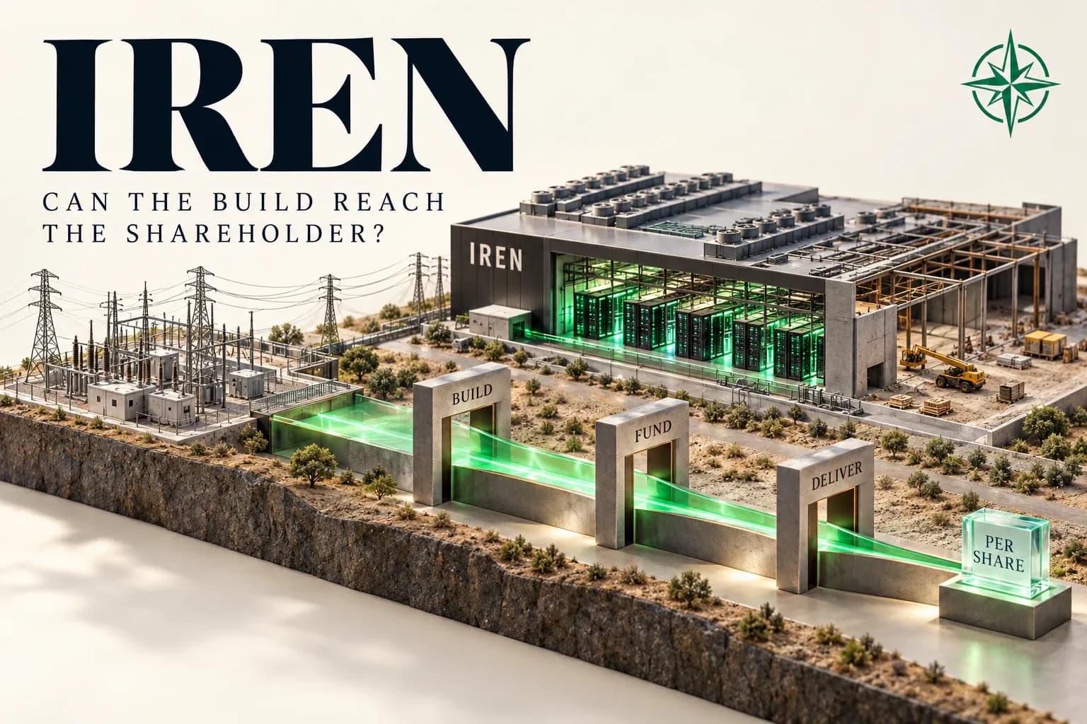 IREN data center cutaway showing power infrastructure passing through build, funding and delivery gates to per-share value.