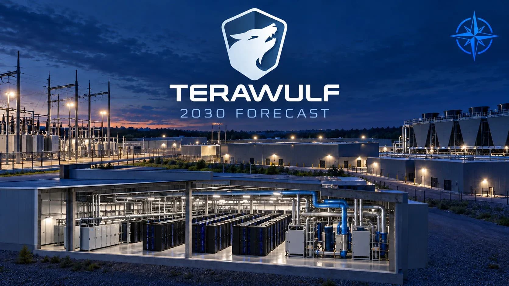 TeraWulf wolf logo centered above a conceptual power-backed data center, with blue Northwise compass branding and a cutaway revealing electrical, cooling and tenant computing infrastructure.