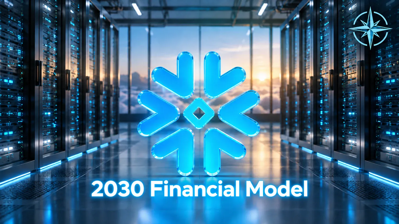 Cyan Snowflake logo centered in a realistic blue-lit data center, with a cyan Northwise compass in the upper-right corner.