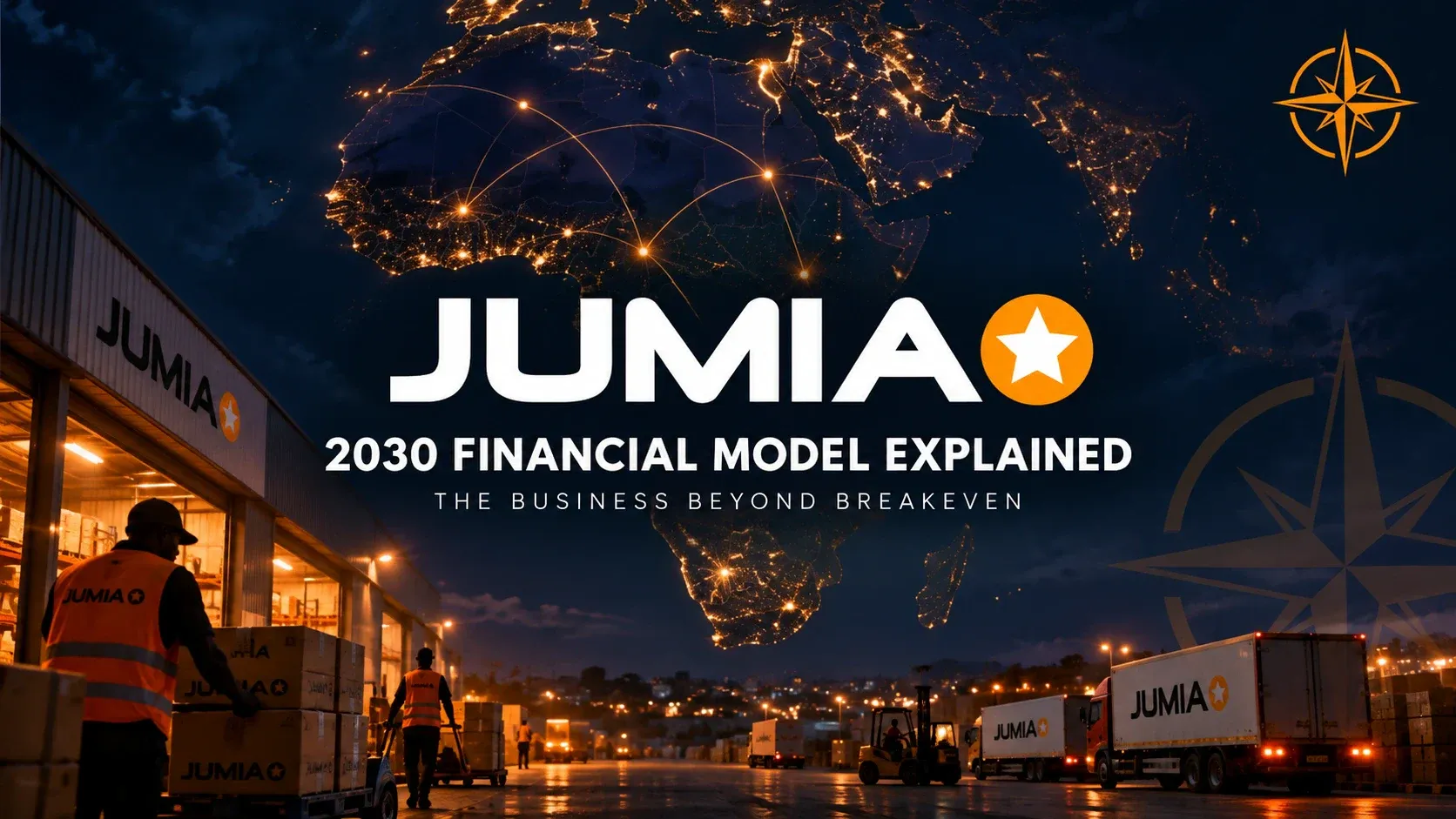 Centered Jumia logo over an African logistics scene, with an orange Northwise compass in the top right and Financial Model Explained beneath.