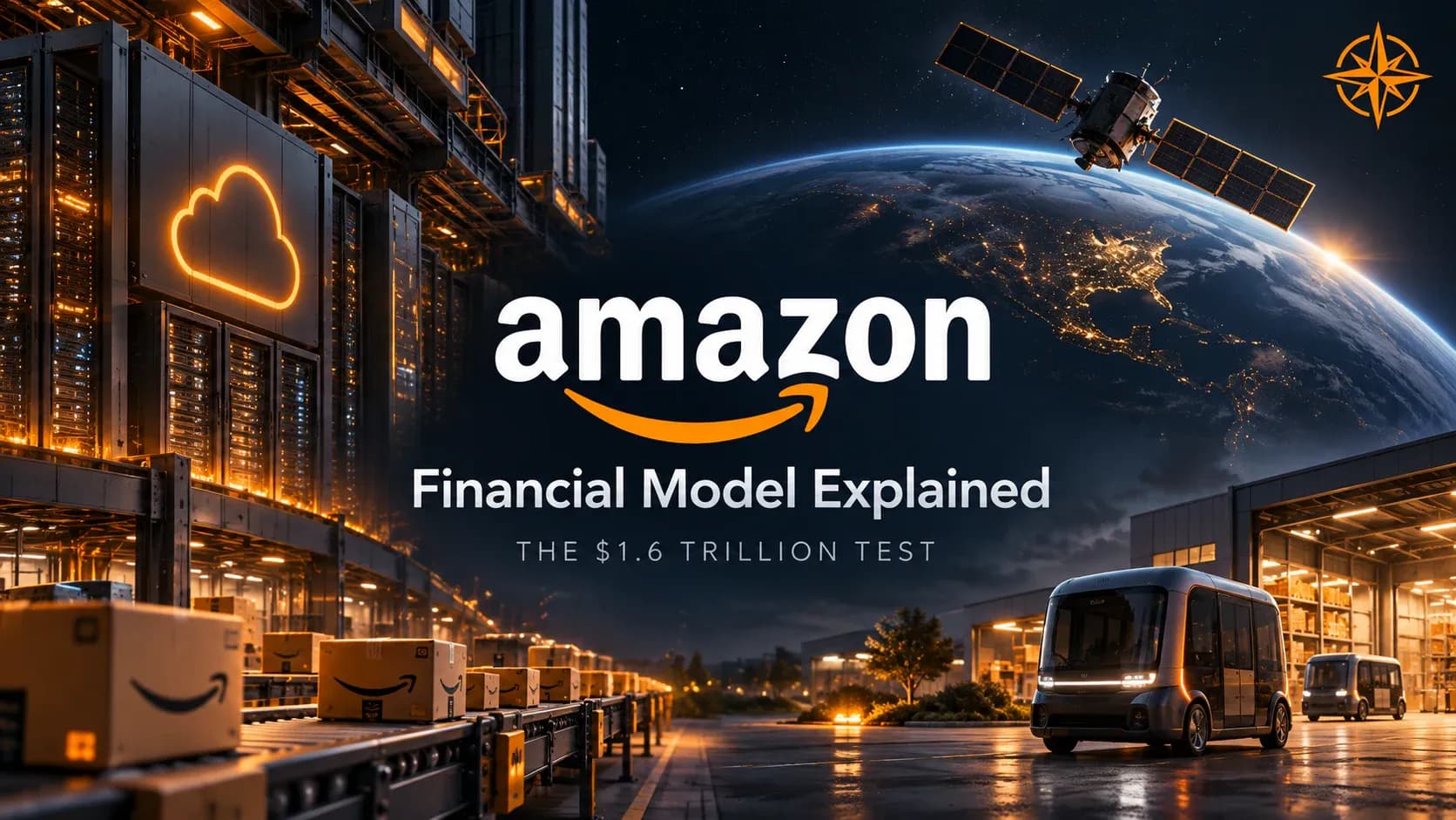 Conceptual Amazon illustration with cloud infrastructure, satellite connectivity and autonomous mobility; Financial Model Explained.