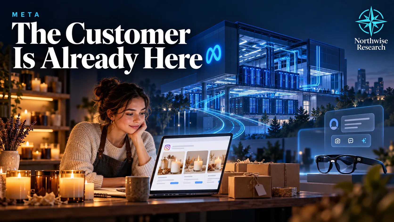 Shop owner using Meta advertising, with an AI data center in the background.