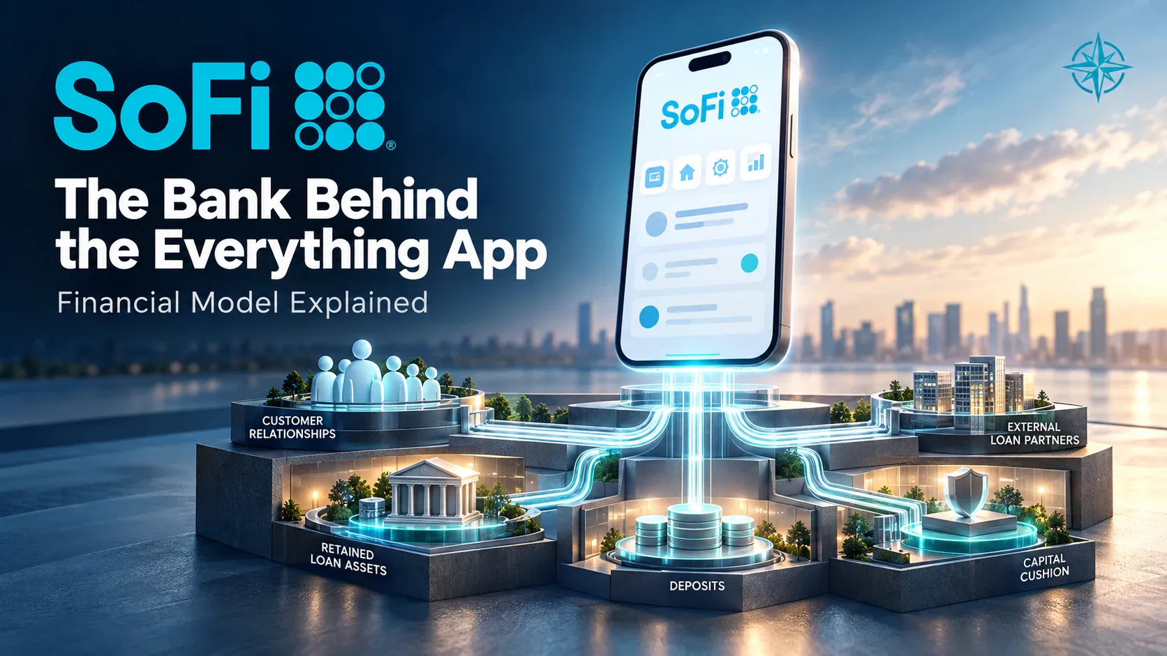 SoFi app above a cutaway bank showing customer relationships, deposits, loans and shareholder capital.