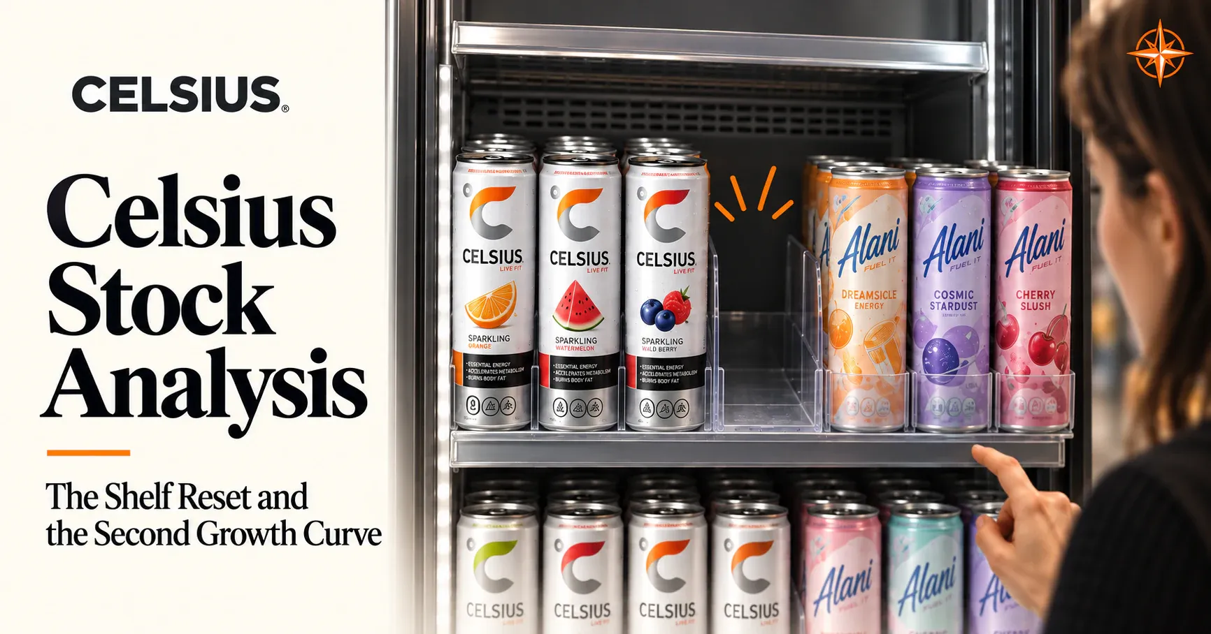 Celsius and Alani cans in a convenience-store cooler with an empty shelf slot.