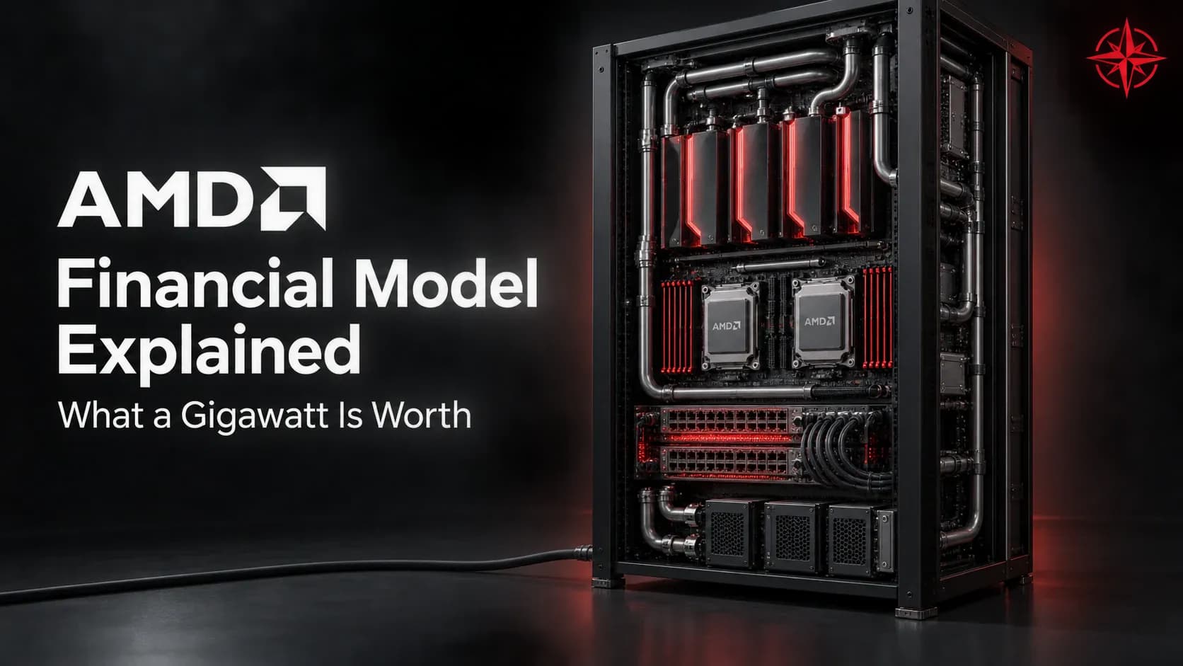 Conceptual AMD compute rack with chip components highlighted in red, titled Financial Model Explained.