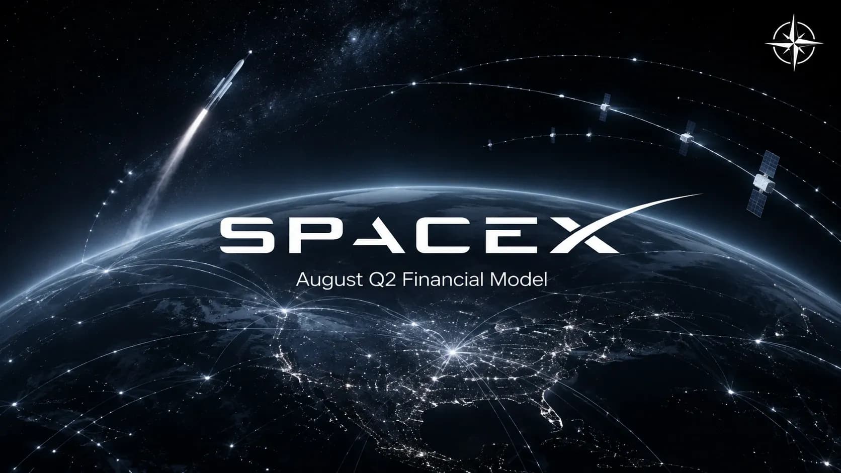 SpaceX Q2 2026 financial model with Starship, Starlink satellites, and a global communications network above Earth.