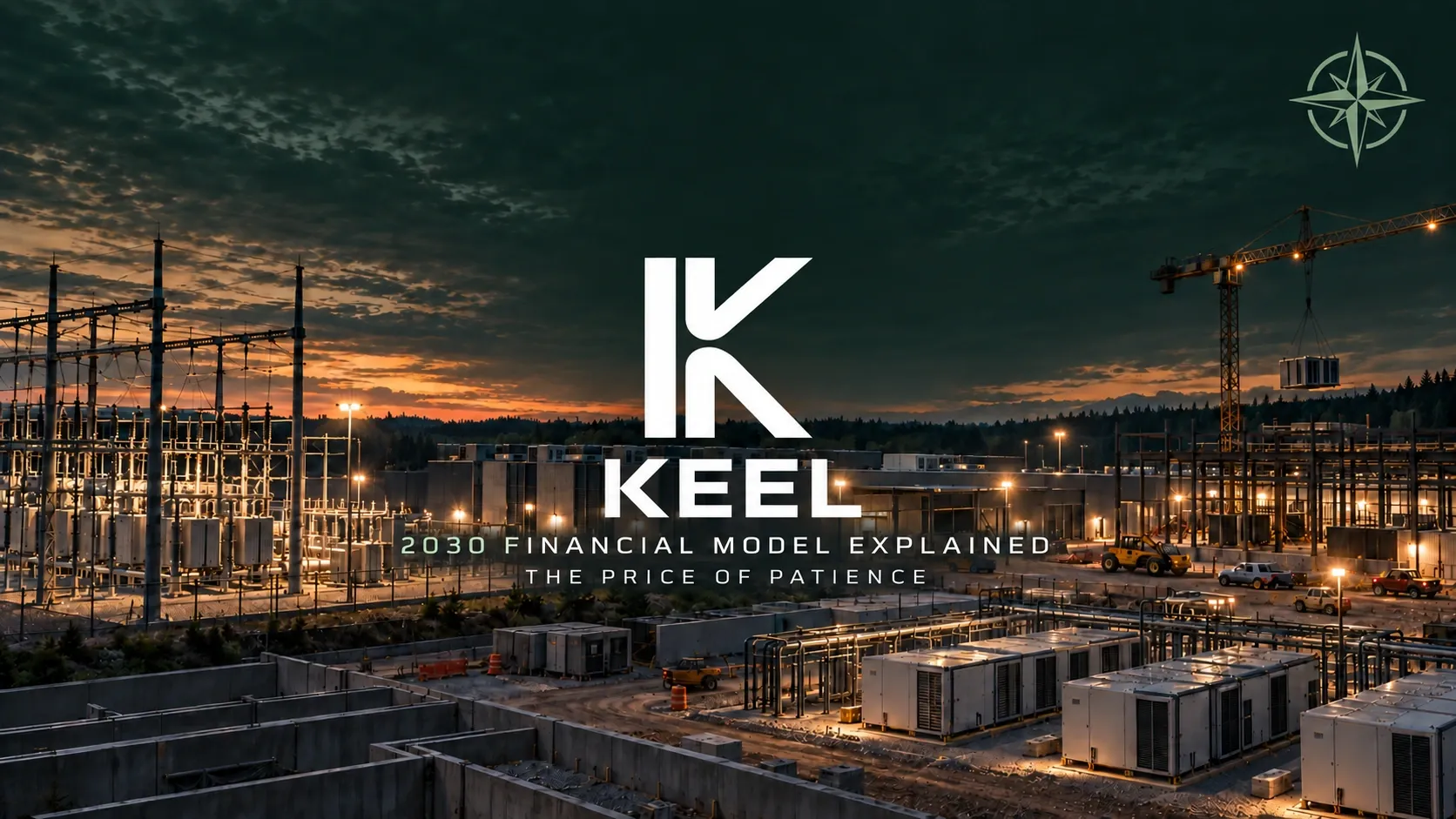 KEEL 2030 Financial Model Explained: The Price of Patience. Conceptual AI infrastructure development at dusk with the KEEL logo and a sage Northwise compass; not a photograph of an actual completed KEEL site.