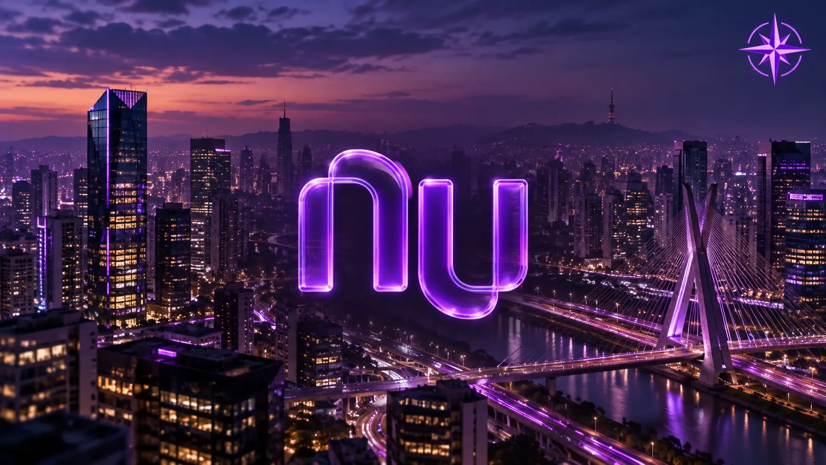 Nu logo above a purple-lit São Paulo-inspired skyline, with the Northwise compass in the upper-right corner.